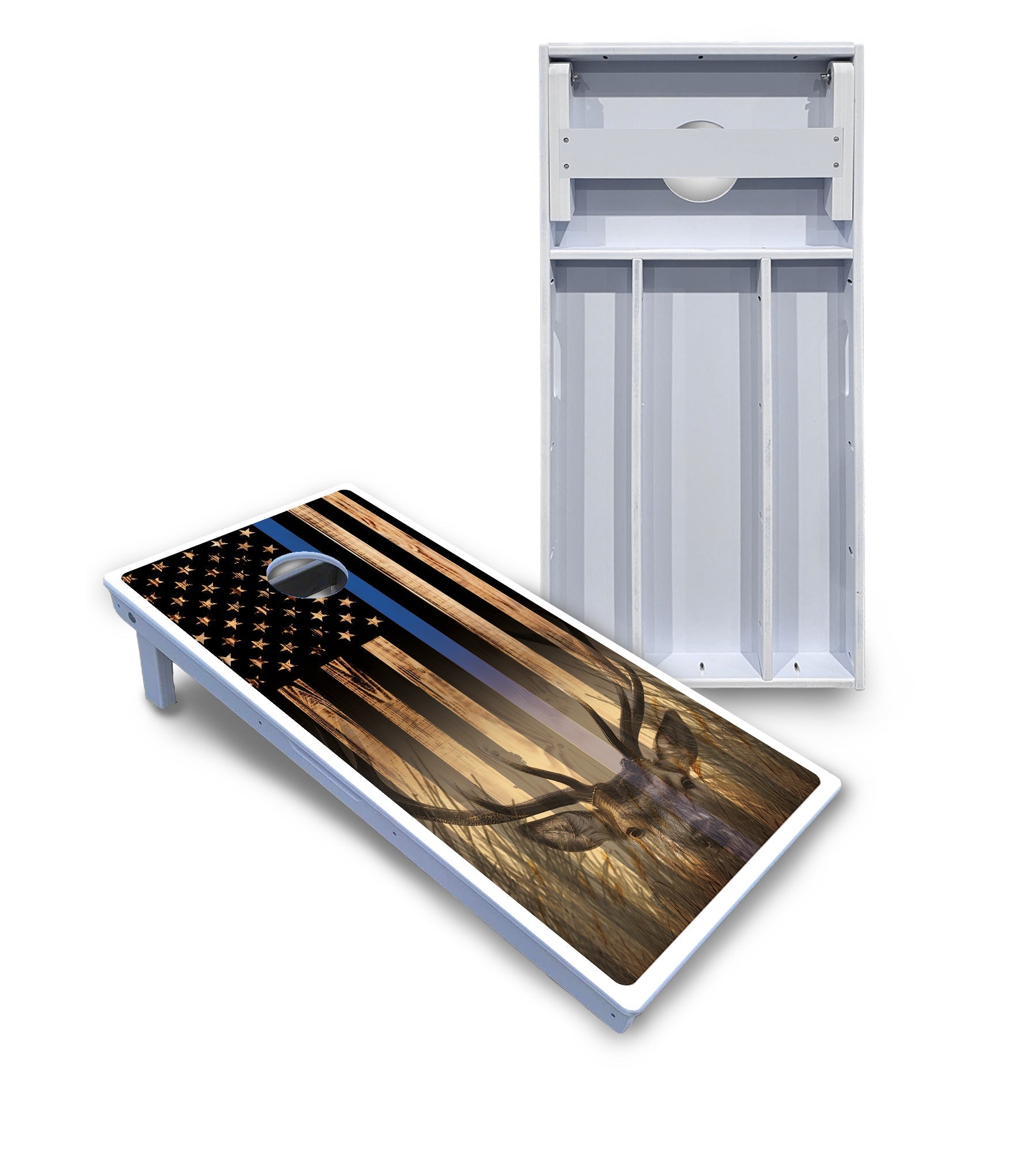 Blue & Red Line Deer & Fish Flag Cornhole Boards - All Weather Series