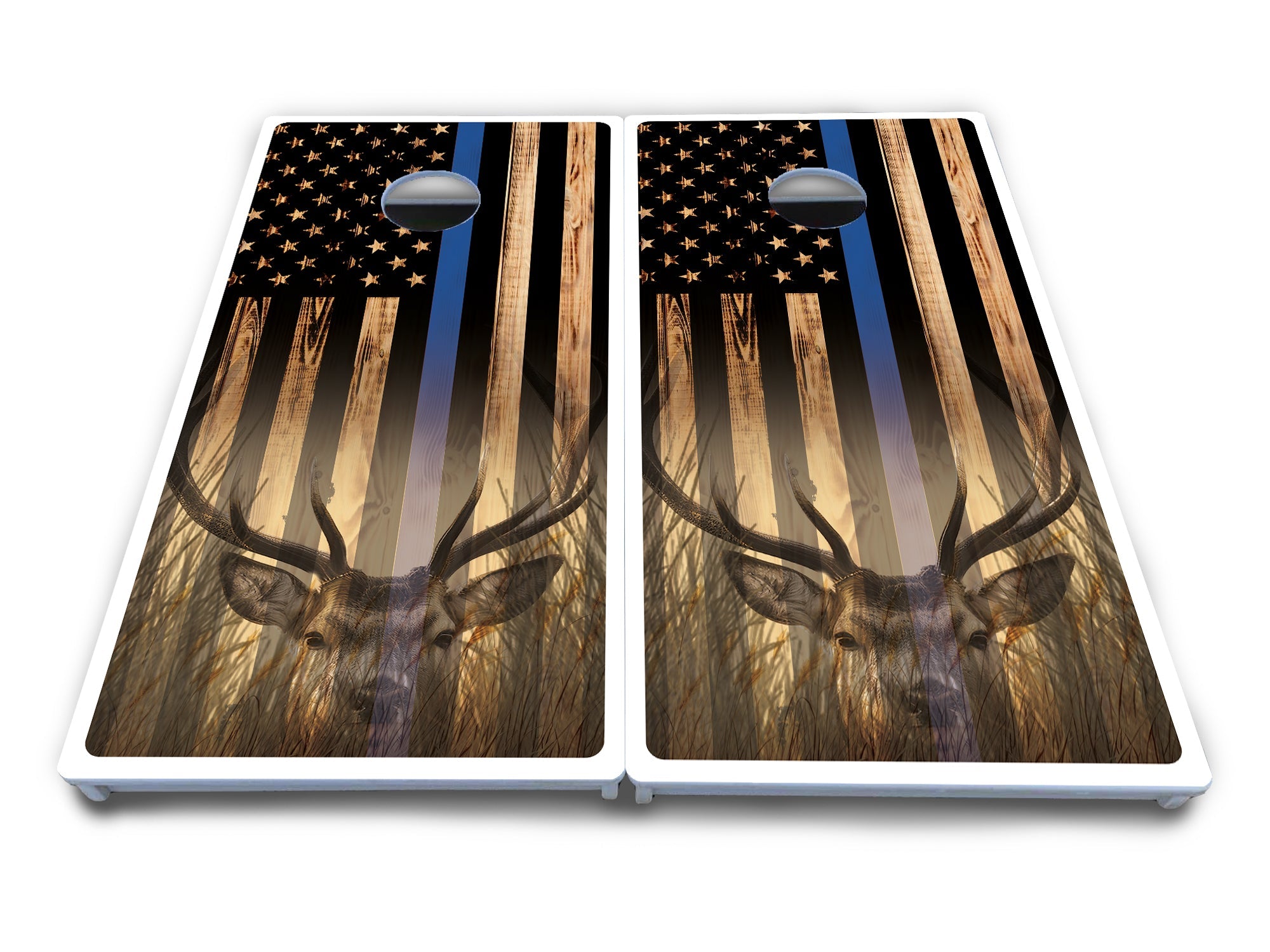 Blue & Red Line Deer & Fish Flag Cornhole Boards - All Weather Series