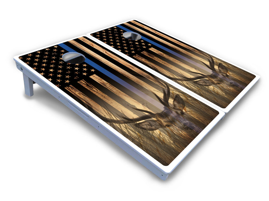 Blue & Red Line Deer & Fish Flag Cornhole Boards - All Weather Series