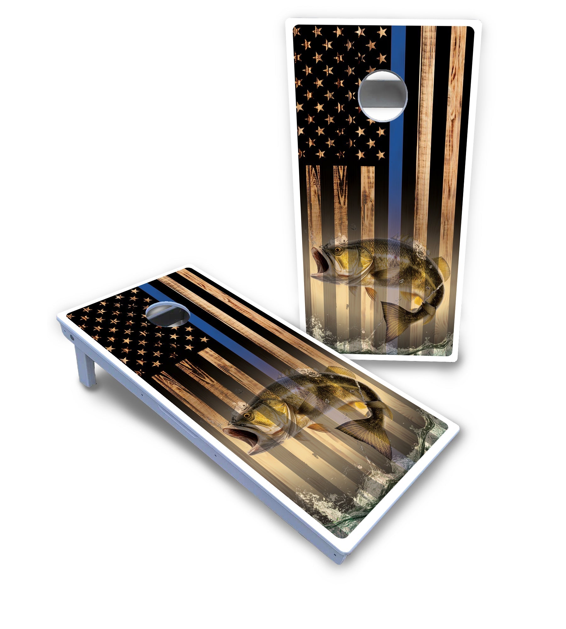 Blue & Red Line Deer & Fish Flag Cornhole Boards - All Weather Series