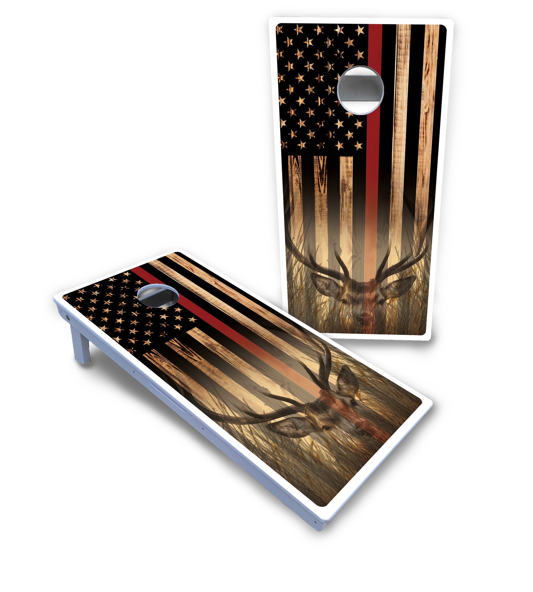 Blue & Red Line Deer & Fish Flag Cornhole Boards - All Weather Series