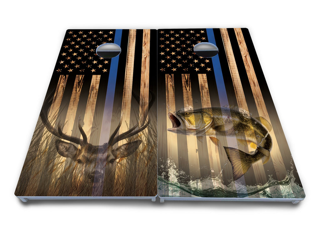 Blue & Red Line Deer & Fish Flag Cornhole Boards - All Weather Series