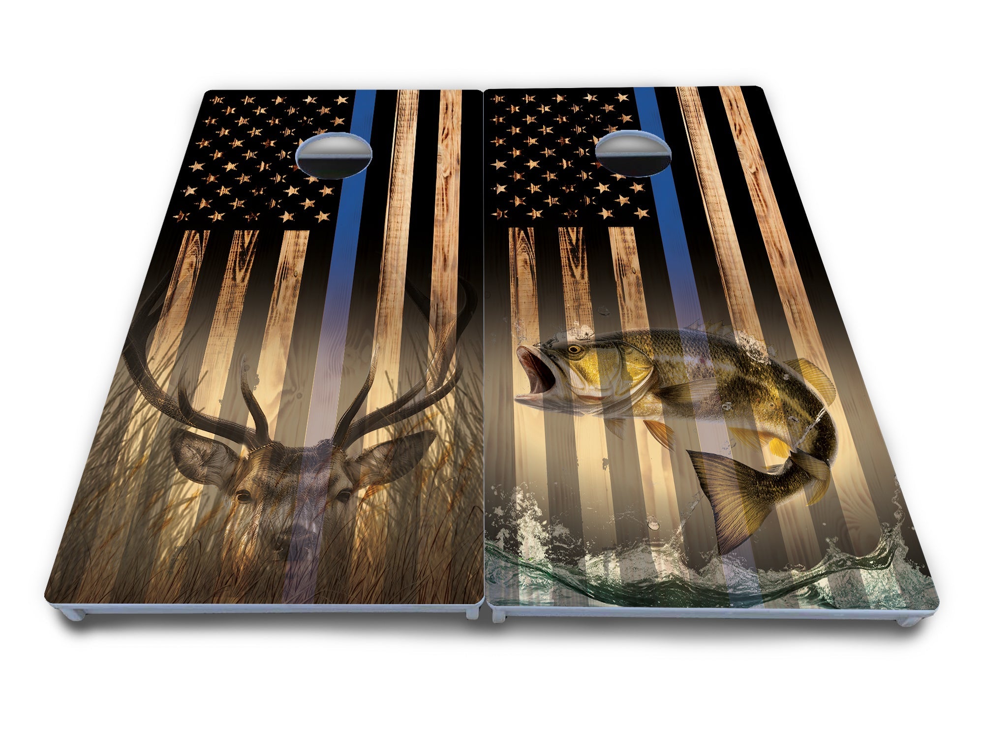 Blue & Red Line Deer & Fish Flag Cornhole Boards - All Weather Series