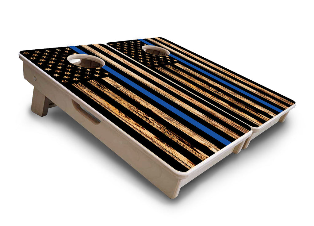 Blue & Red Line Burnt Flag - Mini or Vacation Size Cornhole Boards