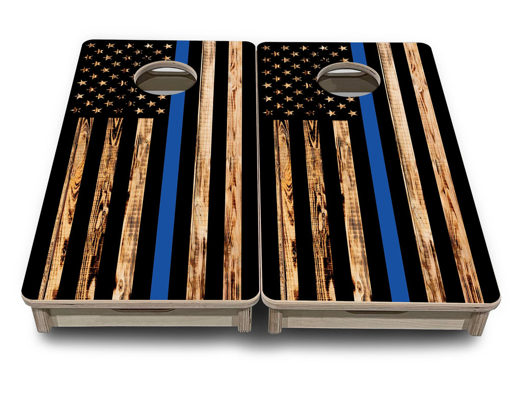 Blue & Red Line Burnt Flag - Mini or Vacation Size Cornhole Boards