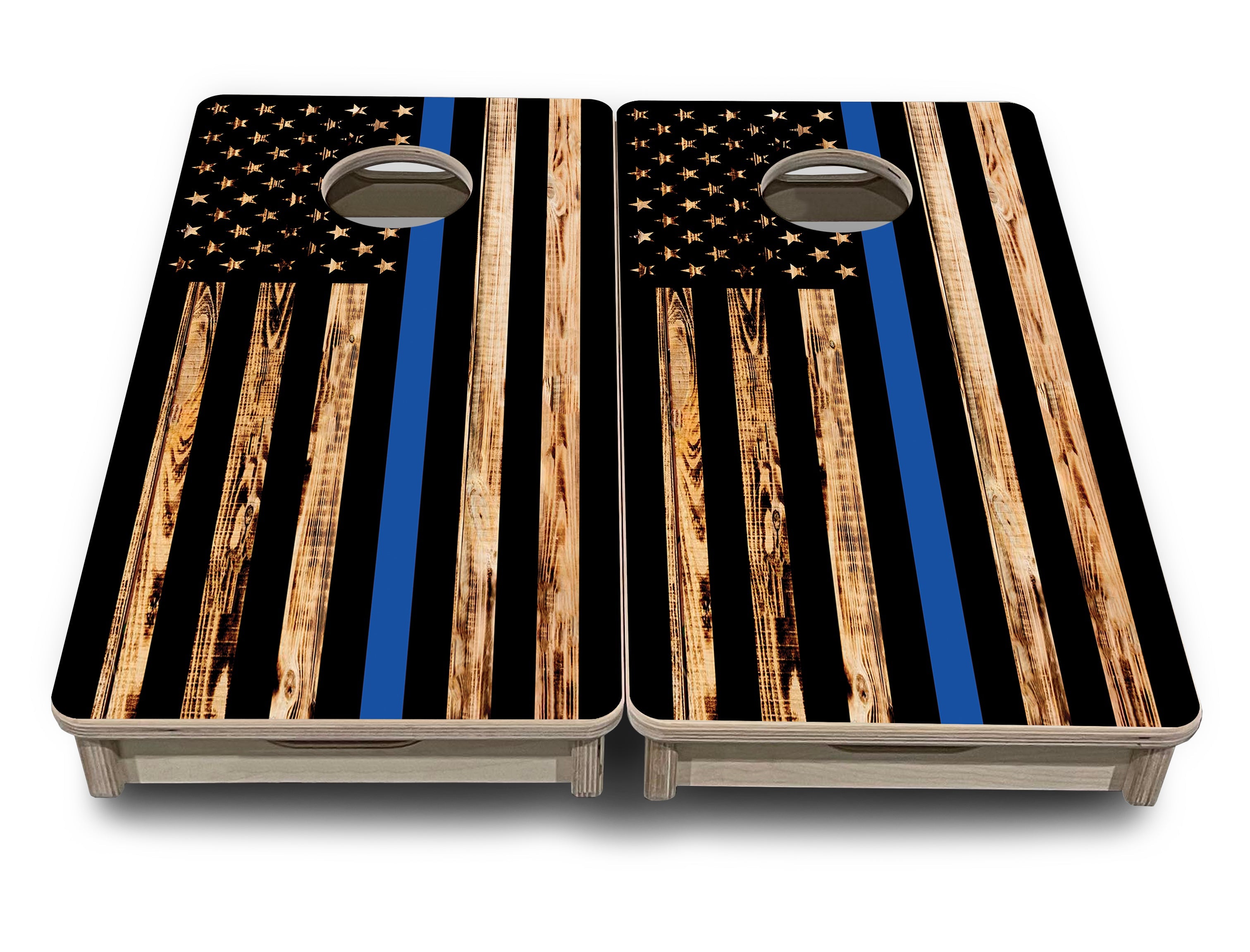 Blue & Red Line Burnt Flag - Mini or Vacation Size Cornhole Boards