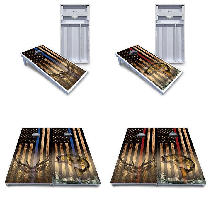 Blue & Red Line Deer & Fish Flag Cornhole Boards - All Weather Series