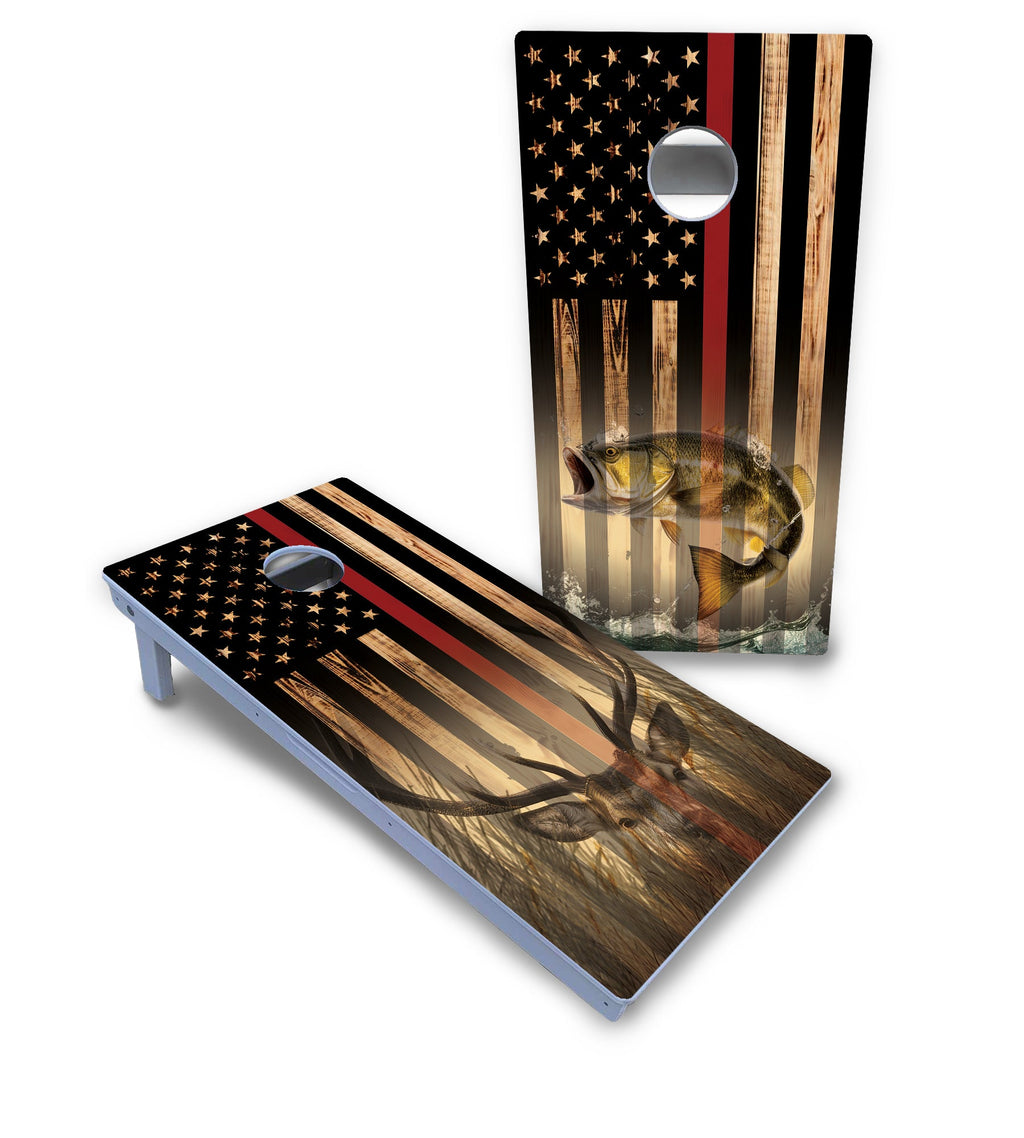 Blue & Red Line Deer & Fish Flag Cornhole Boards - All Weather Series